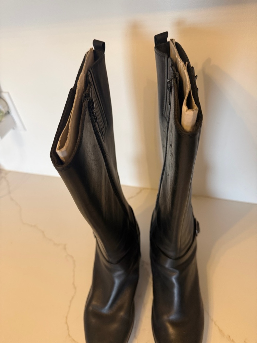 Clarks Black Leather Mid-Calf Wedge Boots with Buckles - Picture 3 of 6